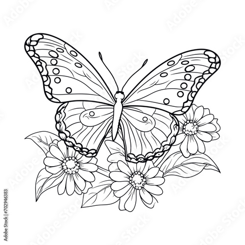 Butterfly on flowers illustration coloring page - coloring book