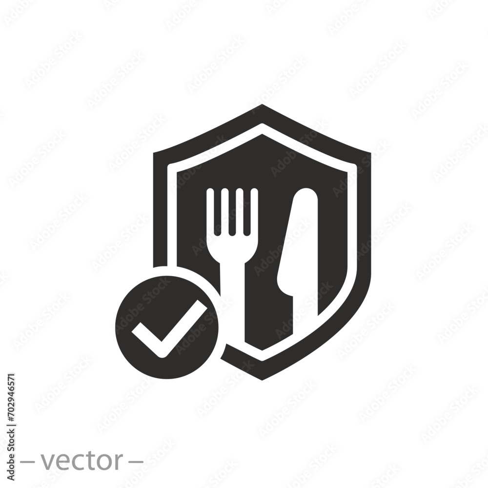 shield with fork and knife icon, food safety, ecological pure product, flat symbol - vector illustration shield with fork and knife icon, food safety, ecological pure product, flat symbol - vector illustration
