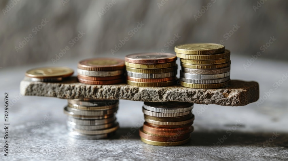 Stack of coins on a grey background. Money balance Stack of coins on a grey background. Money balance