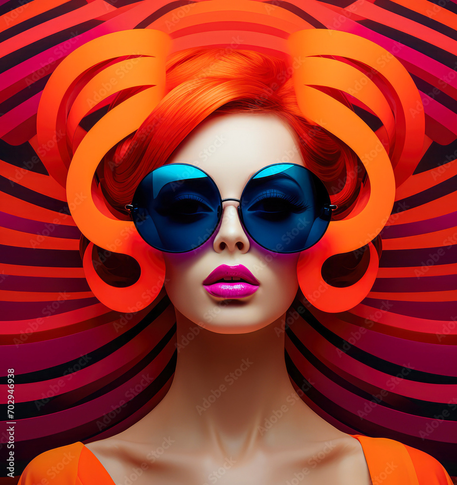 A vivid colorful portrait of a young, beautiful woman. A modern, charismatic woman. Surrealistic, psychic wave. Neon color and fashion futuristic outfit.