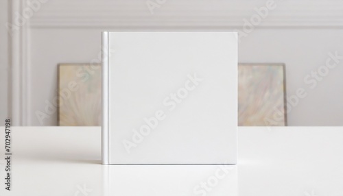 white square book mockup front view with blank hard cover standing on white table 3d rendering