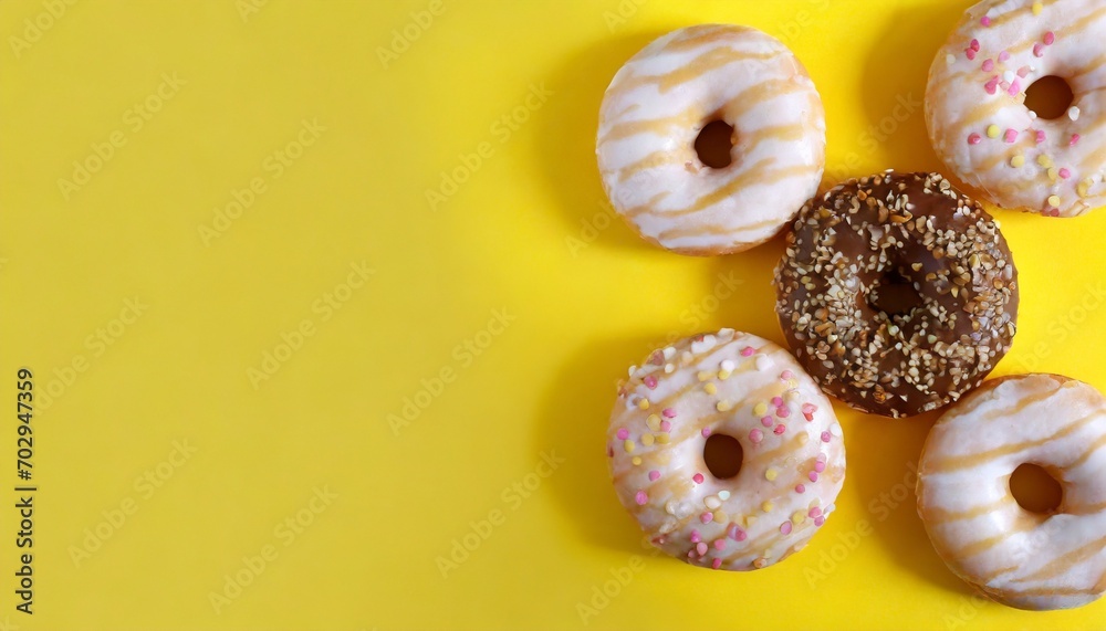 flat lay donuts on a yellow background with copy space top view flat lay donuts on a yellow background with copy space top view