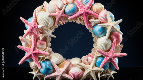 A blue pink and white starfish round wreath