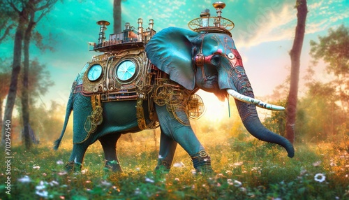steampunk clockwork elephant in nature nature background futuristic cyberpunk implants