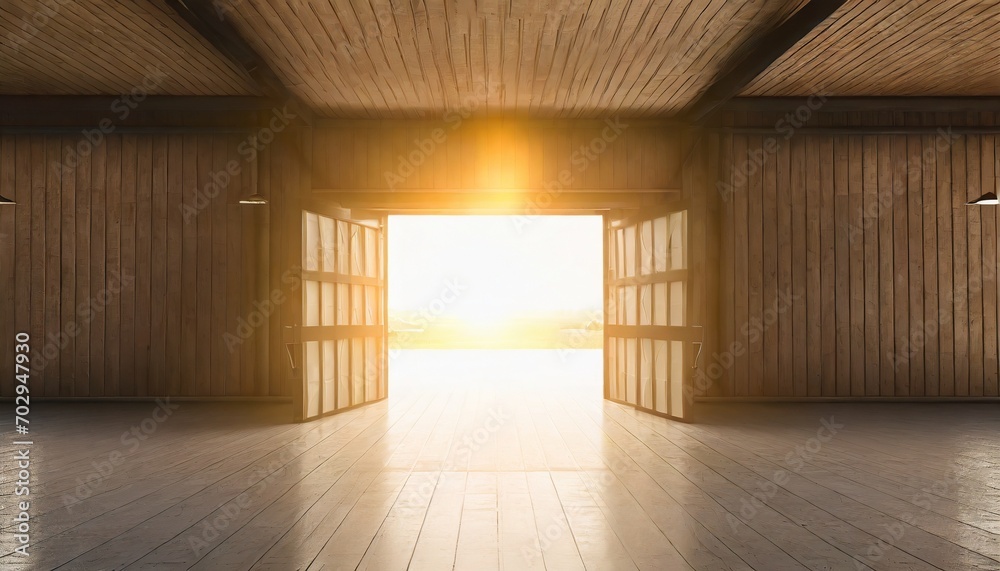 bright light coming through open hangar doors 3d rendering bright light coming through open hangar doors 3d rendering