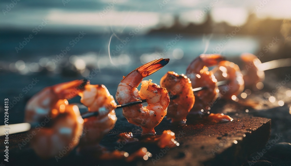 Grilled Shrimps on a Skewer Close-up Shot - obrazy, fototapety, plakaty 