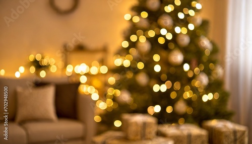 beautiful blurred interior of a living room decorated for christmas in warm cozy brown tones christmas tree lights and gifts out of focus
