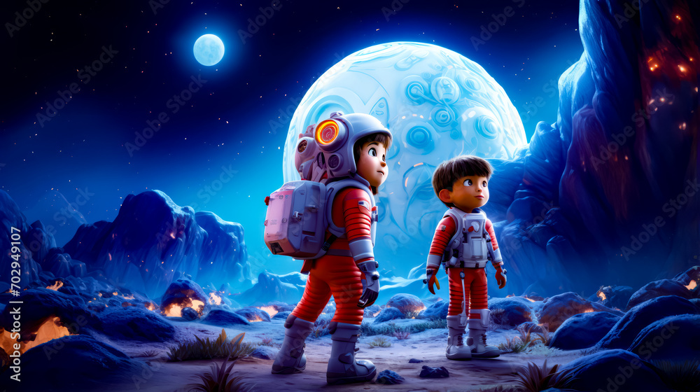Couple of kids in space suits standing in front of giant moon. - obrazy, fototapety, plakaty 