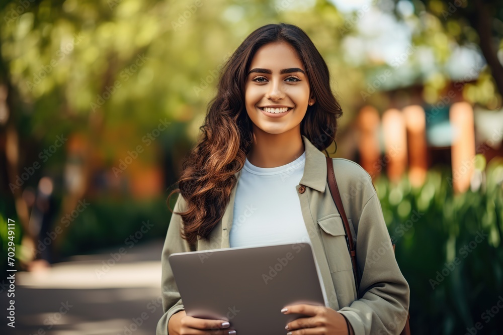 Beautiful student girl with laptop in college campus Beautiful student girl with laptop in college campus