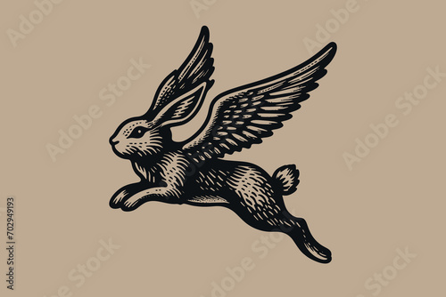 Flying hare with wings. Vintage retro engraving illustration. Black icon, isolated element 