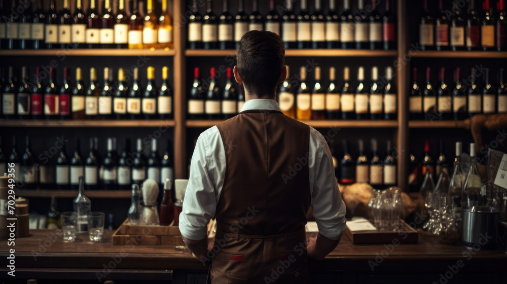 Wine Shop Owner against the backdrop of display cases with glass bottles of old and new wine from different countries Wine Shop Owner against the backdrop of display cases with glass bottles of old and new wine from different countries