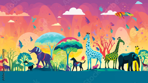 Tropical jungle landscape with river and birds. Vector illustration.