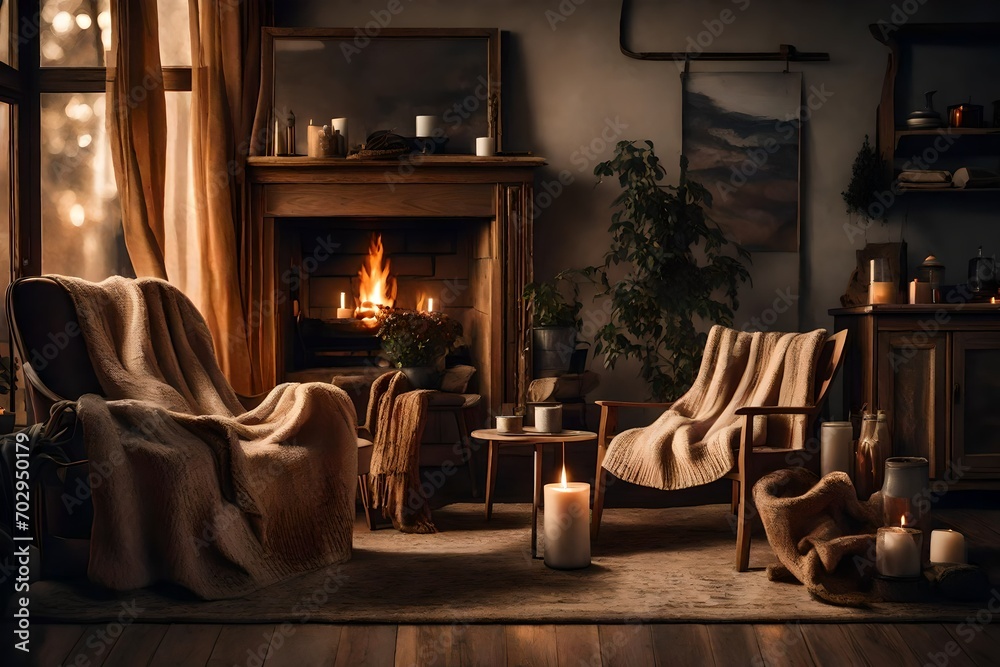 A cozy living room with a fireplace and chairs, the fireplace is lit by candles and the chairs are covered in blankets. 