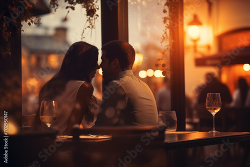 couple on a date in the restaurant with drinks and people in background  photo