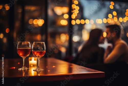 glass of wine on a table with candle. Bokeh background with couple of people on a date in a restaurant at night photo