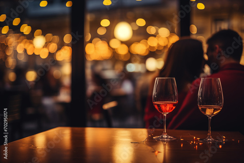 glass of wine on table with lovers in background on a date in restaurant  photo