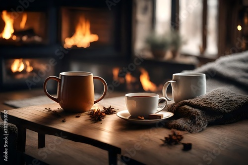 Mug with tea standing on a table with woolen blanket in a cozy living room with fireplace. Cozy winter day. created with Generative AI technology