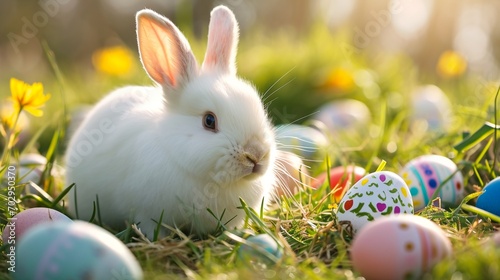 Rabbit sitting on the grass with beautiful painted eggs. Happy Easter holiday © Lusi_mila