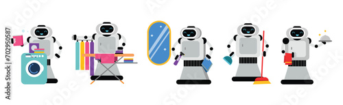 Robot Doing Housework Cleaning and Housekeeping Vector Set