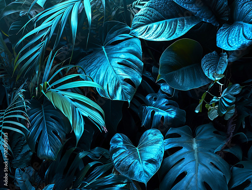 sfondo di foglie tropicali blu intenso,  sfondo di fogliame scuro, foglie tropicali in stile giungla photo