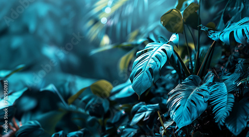 sfondo di foglie tropicali blu intenso,  sfondo di fogliame scuro, foglie tropicali in stile giungla photo