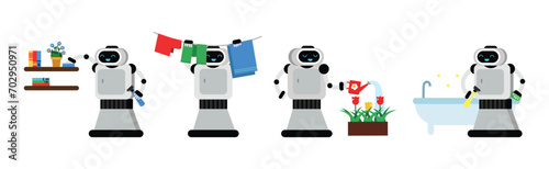 Robot Doing Housework Cleaning and Housekeeping Vector Set
