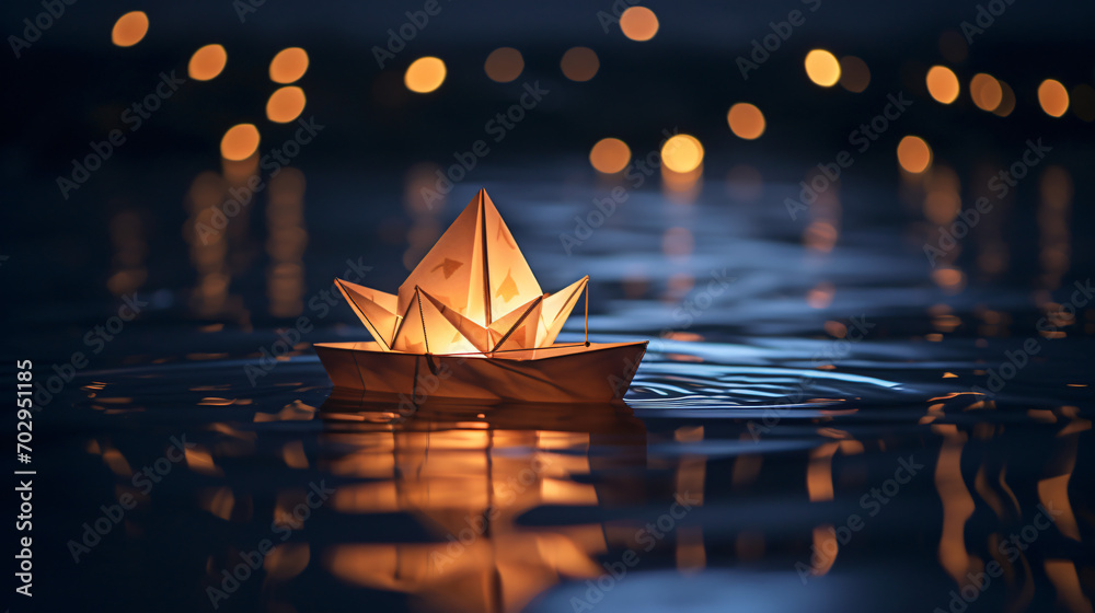 A candle in an origami boat. Paper origami sailboat - obrazy, fototapety, plakaty 