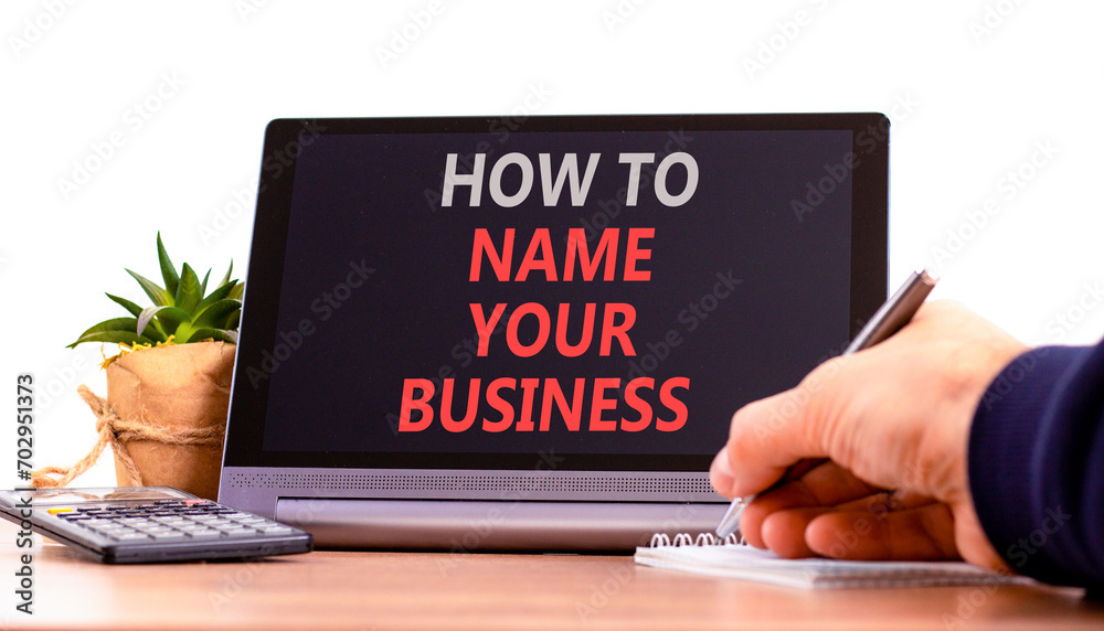How to name your business symbol. Concept words How to name your business on beautiful black tablet. Businessman hand. Beautiful white background. How to name your business concept. Copy space. How to name your business symbol. Concept words How to name your business on beautiful black tablet. Businessman hand. Beautiful white background. How to name your business concept. Copy space.