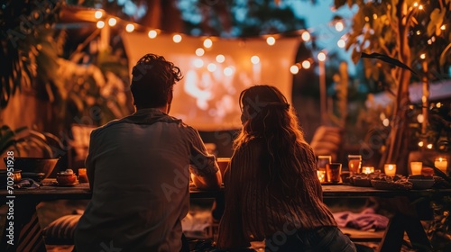A couple at an outdoor movie night, with the screen showing a classic romantic film with a heart motif.