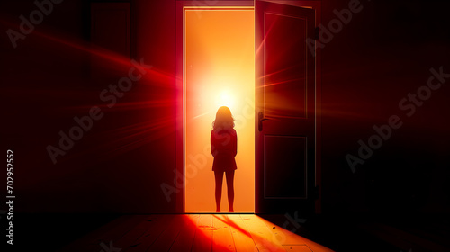 Woman standing in front of open door with the sun shining through.
