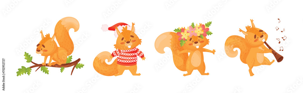 Cute Squirrel Character with Bushy Tail Engaged in Different Activity Vector Set Cute Squirrel Character with Bushy Tail Engaged in Different Activity Vector Set
