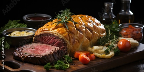 Beef Wellington Perfection, A Visual Culinary Masterpiece of Tender Fillet Wrapped in Golden Puff Pastry." 
