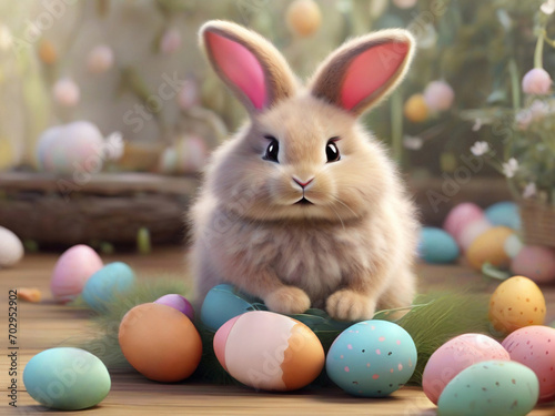 Cute fluffy Easter Bunny with many colorful easter egg