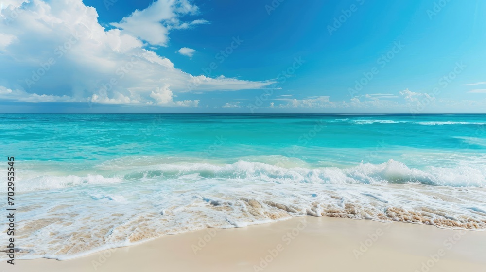Fototapeta premium Beautiful sandy beach and soft blue ocean wave, Summer seascape background.