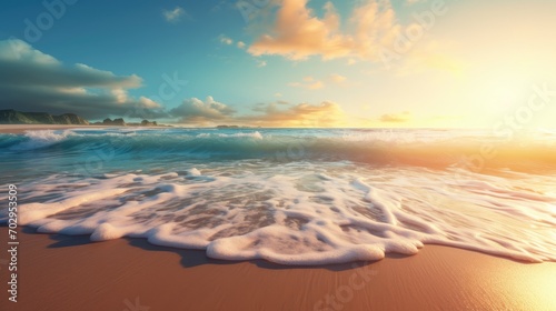 Beautiful sandy beach and ocean wave at sunset, Summer seascape background.