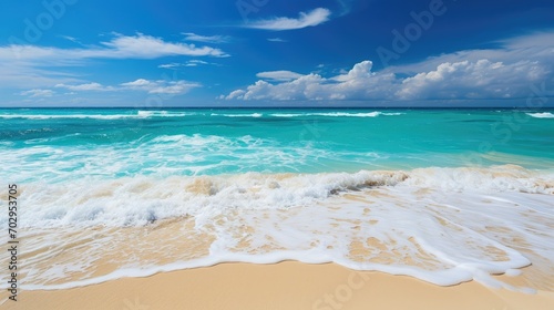 Beautiful sandy beach and soft blue ocean wave, Summer seascape background.