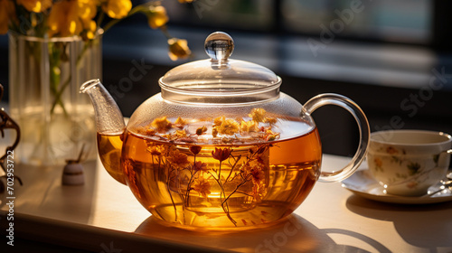 Transparent Teapot with Freshly Brewed Tea