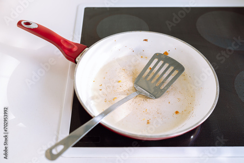 Canvas Print dirty greasy frying pan with burnt food residue