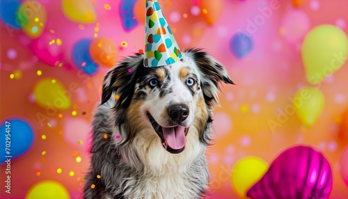 Funny blue merle Aussie Dog celebrating party birthday or carnival wearing party hat. Party animal concept. Australian shepherd at party wearing party hat. Colored vibrant party background