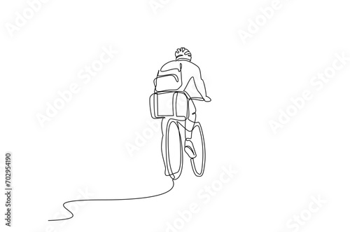 human male bicycle nature backpack activity ride lifestyle one line art design