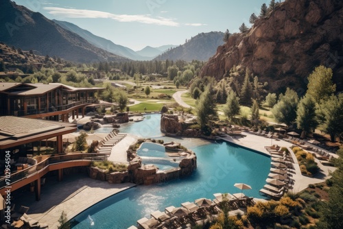 An aerial view of a luxury resort nestled in the mountains with a sparkling pool photo
