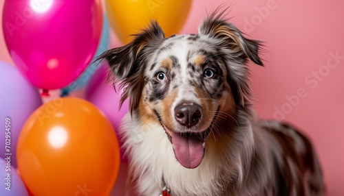 Professional photo of a happy red merle Aussie dog on isolated studio background with birthday balloons, fun party style, australian shepherd