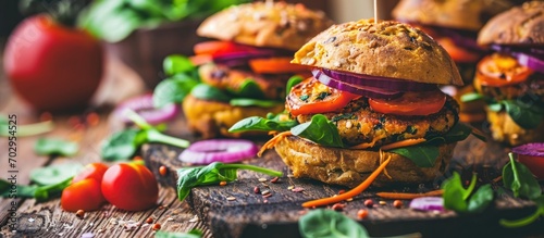 Vegan burger with vegetables and spinach in fritters and pasties. photo
