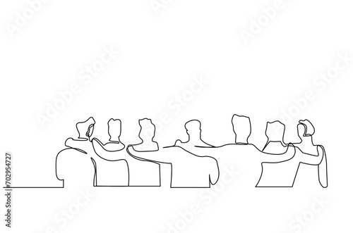 people men friends happy hug together back behind rear view one line art design