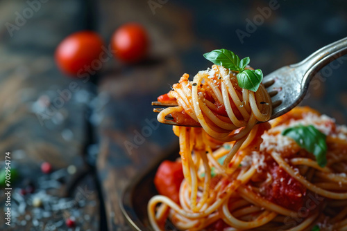 Italian Pasta with tomato sauce on a metal fork, copy space for text