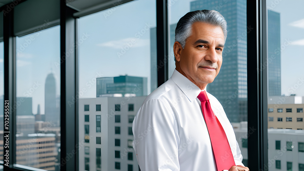 A confident senior male executive with silver hair, wearing a white shirt and a red tie, standing in a modern office with large windows overlooking a cityscape. A confident senior male executive with silver hair, wearing a white shirt and a red tie, standing in a modern office with large windows overlooking a cityscape.