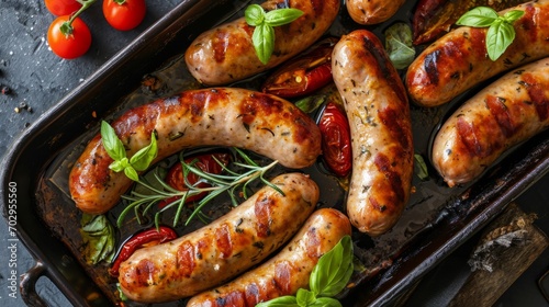Roasted sausages cut varied in baking tray with basil and rosemary, top view, flat lay. Delicious home cooking.