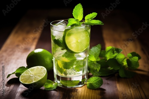 Alcoholic mojito with ice and mint on wooden table