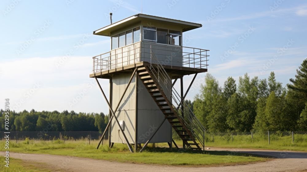 Watchtower in forest, border security, military base or prison