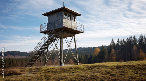 Watchtower in forest, border security, military base or prison